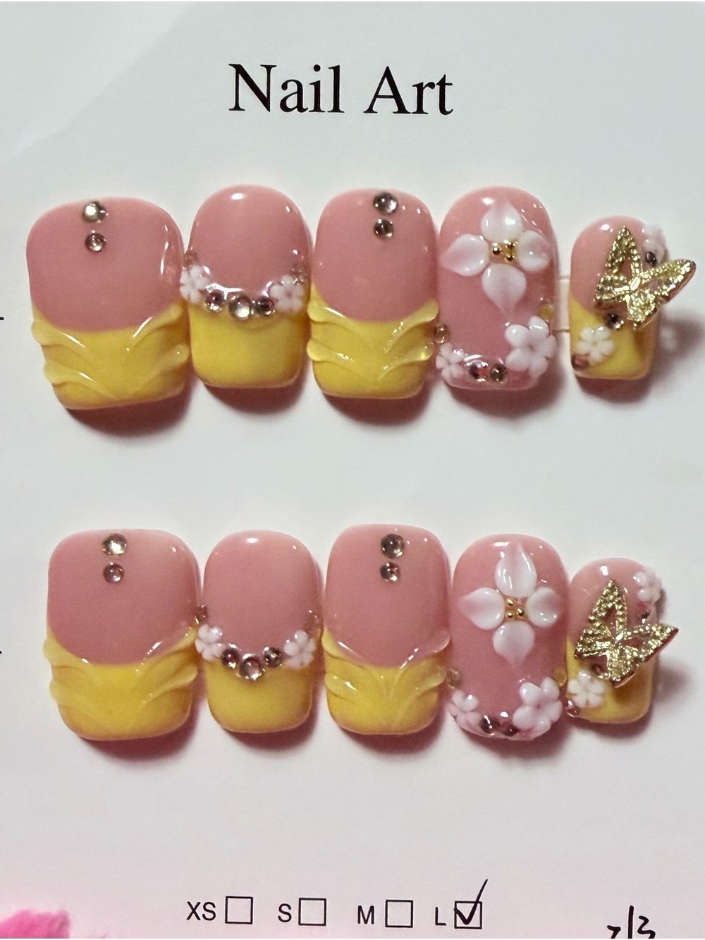 Pink & Yellow Floral Press-On Nail Set with Rhinestones